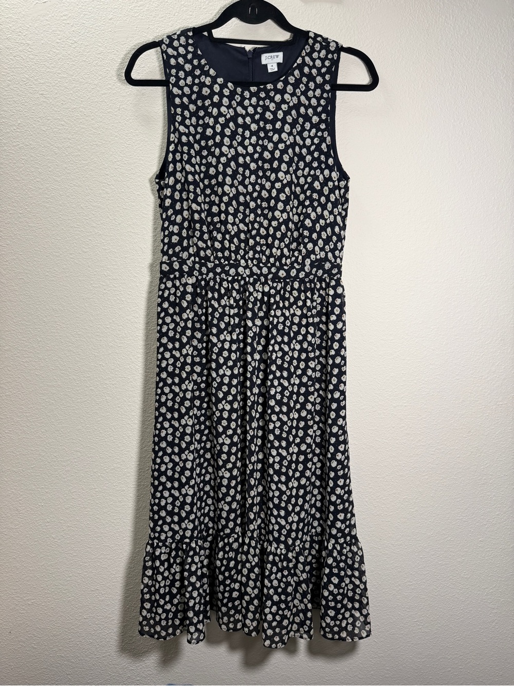 J.Crew Dress 4 M Midi Chiffon Floral Navy Blue Challis Ruffle Sleeveless Casual